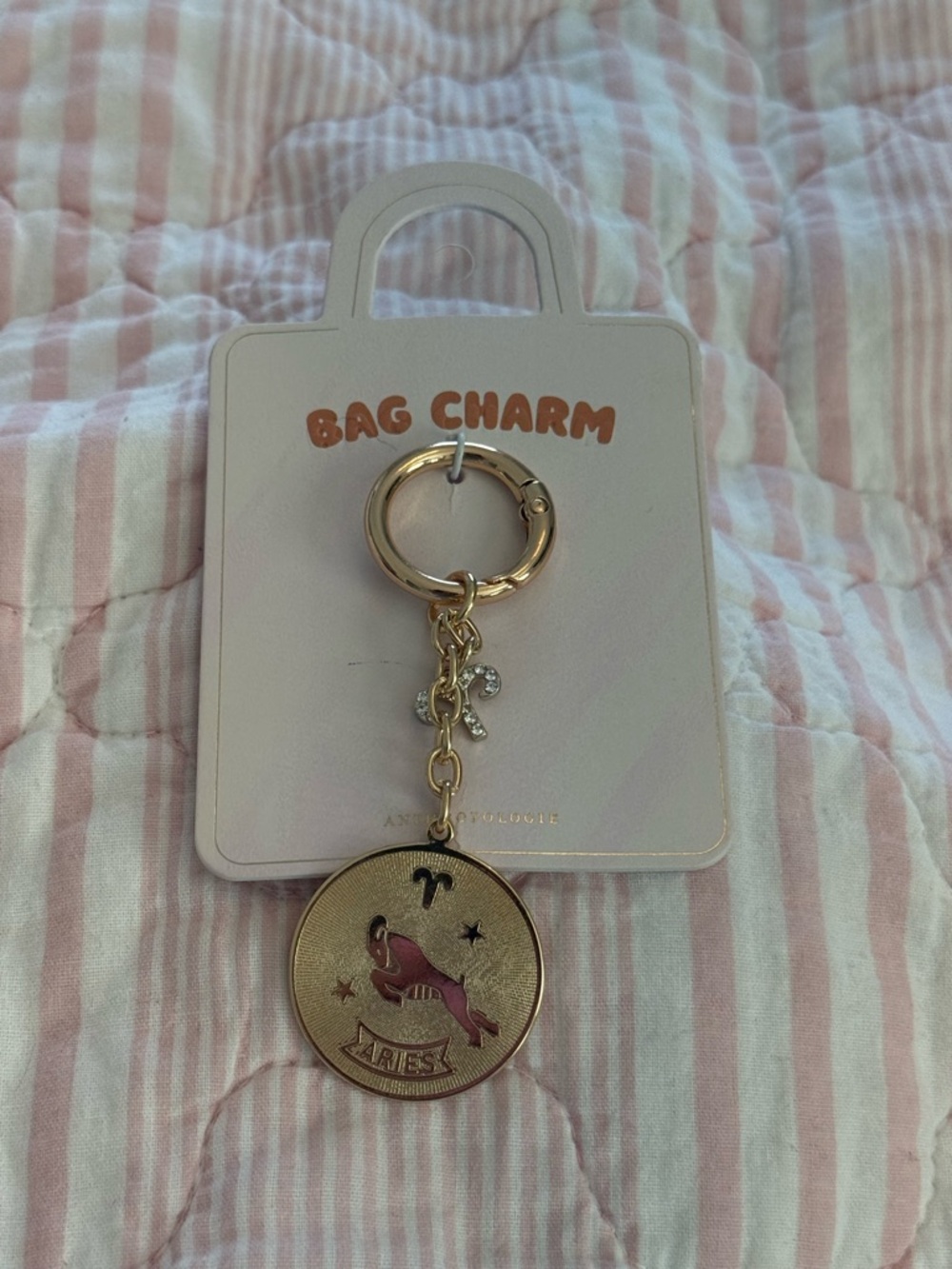 Anthropologie Gold and Pink Aries Zodiac Bag Charm - Picture 2 of 5